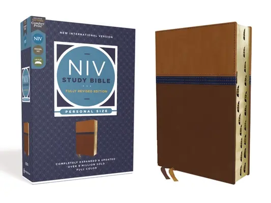 Biblia de estudio NVI, Edición Completamente Revisada, Tamaño Personal, Tapa dura, Marrón/Azul, Letra roja, Índice de pulgares, Impresión confort - NIV Study Bible, Fully Revised Edition, Personal Size, Leathersoft, Brown/Blue, Red Letter, Thumb Indexed, Comfort Print