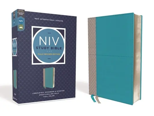 Biblia de estudio NVI, Edición Completamente Revisada, Piel de becerro, Verde azulado/Gris, Letra roja, Impresión confort - NIV Study Bible, Fully Revised Edition, Leathersoft, Teal/Gray, Red Letter, Comfort Print