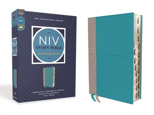 Biblia de estudio NVI, Edición Completamente Revisada, Leathersoft, Verde azulado/Gris, Letra roja, Índice de pulgares, Impresión confort - NIV Study Bible, Fully Revised Edition, Leathersoft, Teal/Gray, Red Letter, Thumb Indexed, Comfort Print