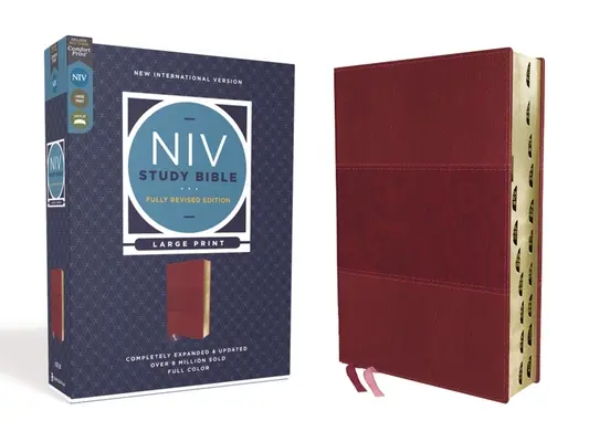 Biblia de estudio NVI, Edición Completamente Revisada, Letra Grande, Piel, Borgoña, Letra Roja, Indice Pulgar, Impresión Confort - NIV Study Bible, Fully Revised Edition, Large Print, Leathersoft, Burgundy, Red Letter, Thumb Indexed, Comfort Print