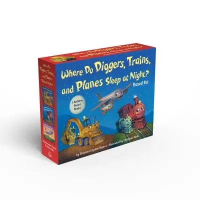 ¿Dónde duermen por la noche las excavadoras, los trenes y los aviones? Caja de libros de cartón - Where Do Diggers, Trains, and Planes Sleep at Night? Board Book Boxed Set