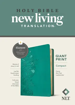 NLT Biblia compacta en tamaño gigante, Edición con filamento (Letra roja, símil piel, Peonía verde azulado) - NLT Compact Giant Print Bible, Filament Enabled Edition (Red Letter, Leatherlike, Peony Rich Teal)