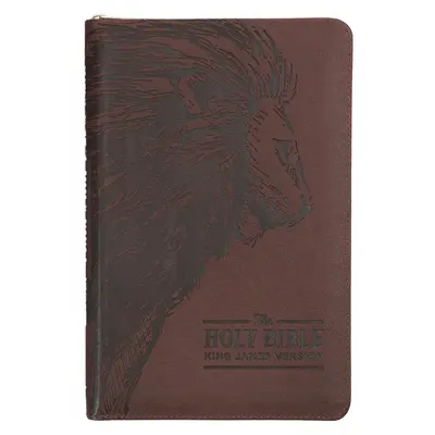 Santa Biblia KJV, Tamaño Estándar, Edición Letra Roja, Piel de imitación - Índice para el pulgar y Marcador de cinta, Versión Reina Valera, Cierre de cremallera de león marrón - KJV Holy Bible, Standard Size Faux Leather Red Letter Edition - Thumb Index & Ribbon Marker, King James Version, Brown Lion Zipper Closure