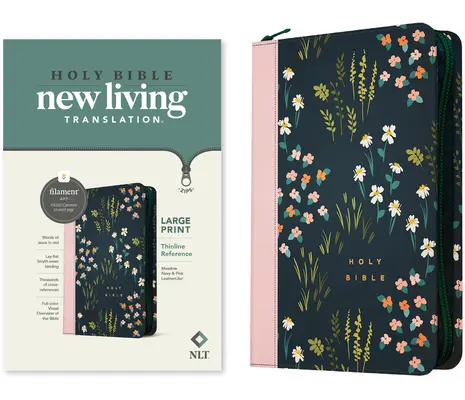 NLT Biblia de consulta con cremallera, Edición con filamento (símil piel, Meadow Navy & Pink) - NLT Large Print Thinline Reference Zipper Bible, Filament Enabled Edition (Leatherlike, Meadow Navy & Pink )