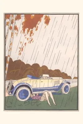 Diario Vintage Mujer arreglando coche bajo la lluvia - Vintage Journal Woman Fixing Car in the Rain