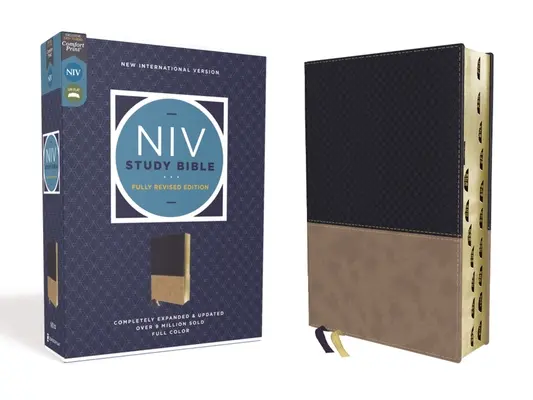 Biblia de estudio NVI, edición totalmente revisada, símil cuero, azul marino/anaranjado, letra roja, índice de pulgares, cómoda impresión - NIV Study Bible, Fully Revised Edition, Leathersoft, Navy/Tan, Red Letter, Thumb Indexed, Comfort Print